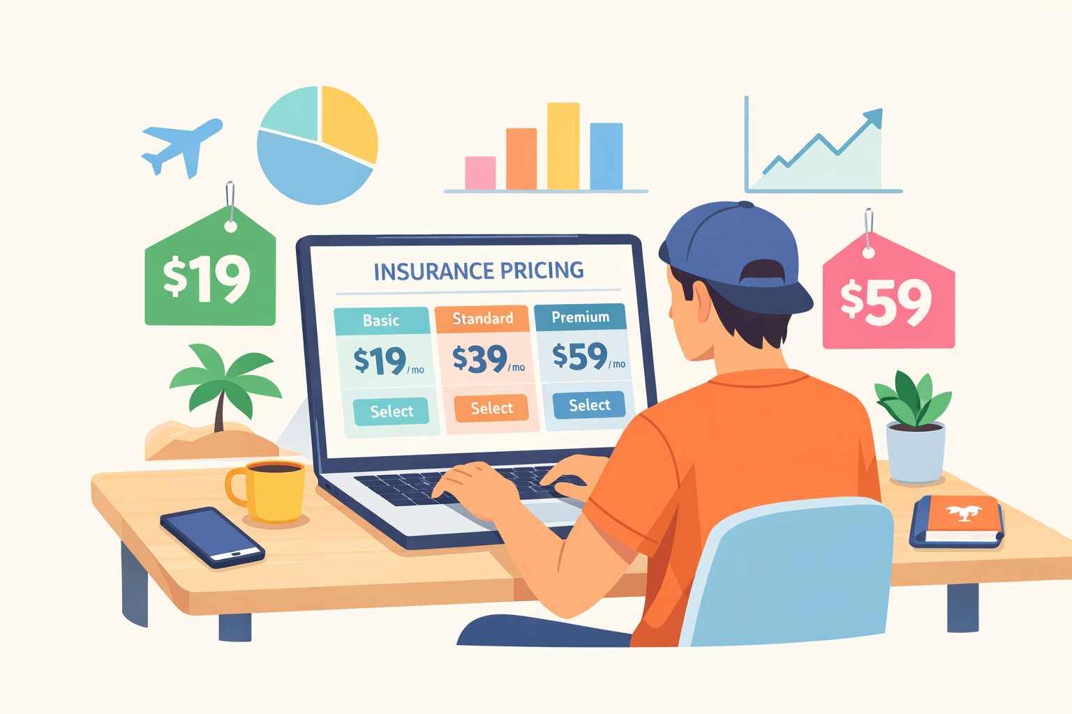 digital nomad checking insurance prices on a laptop with charts showing monthly cost in 2026