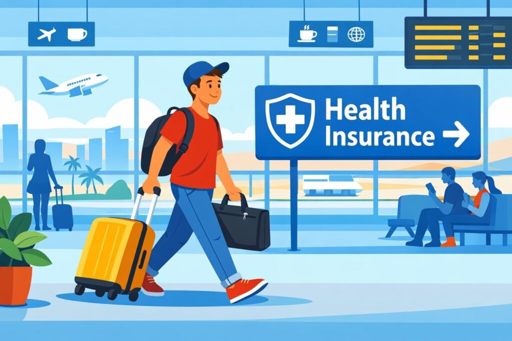 digital nomad walking through an airport with luggage towards a health insurance sign in 2026