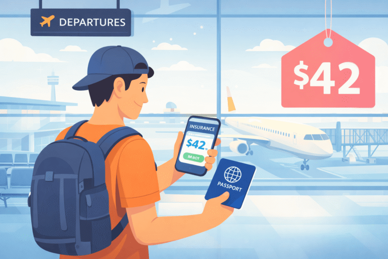 digital nomad at an airport checking an insurance price quote on a phone in 2026