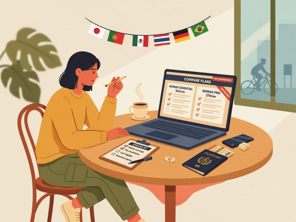 digital nomad comparing insurance plans on a laptop with passport and country flags