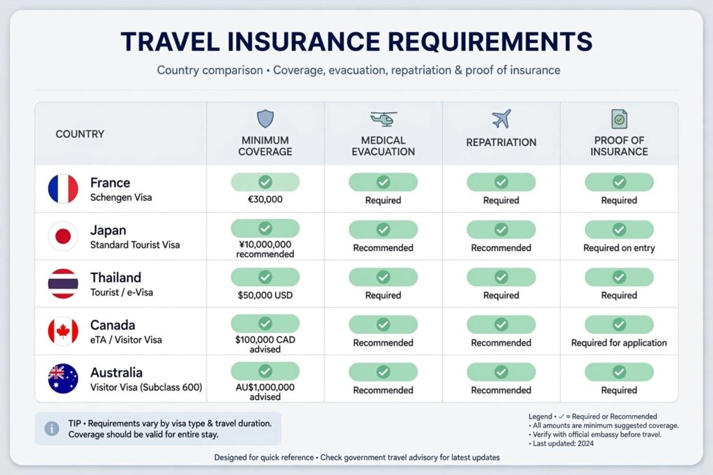 infographic showing visa insurance requirements across countries with coverage and proof checklist