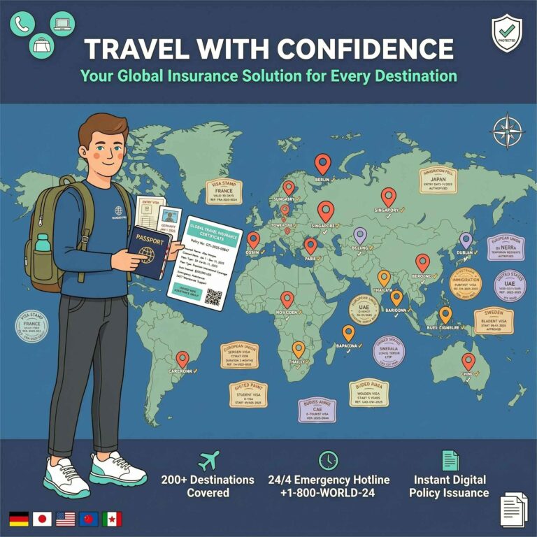 digital nomad holding a passport and insurance certificate in front of a world map