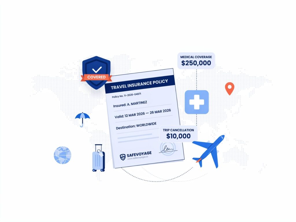 travel insurance policy document with shield icon and highlighted coverage amounts