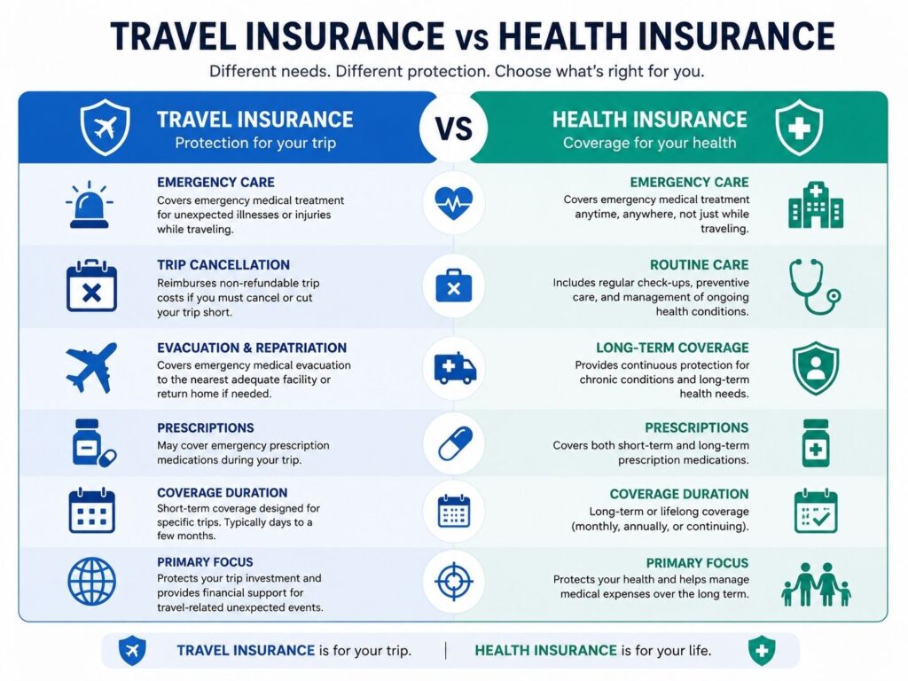 side-by-side comparison infographic of travel insurance and health insurance