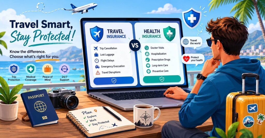 digital nomad comparing travel insurance and health insurance on a laptop